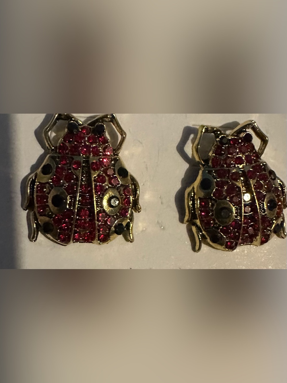 Gold-Tone Red Crystal Ladybug Earrings
